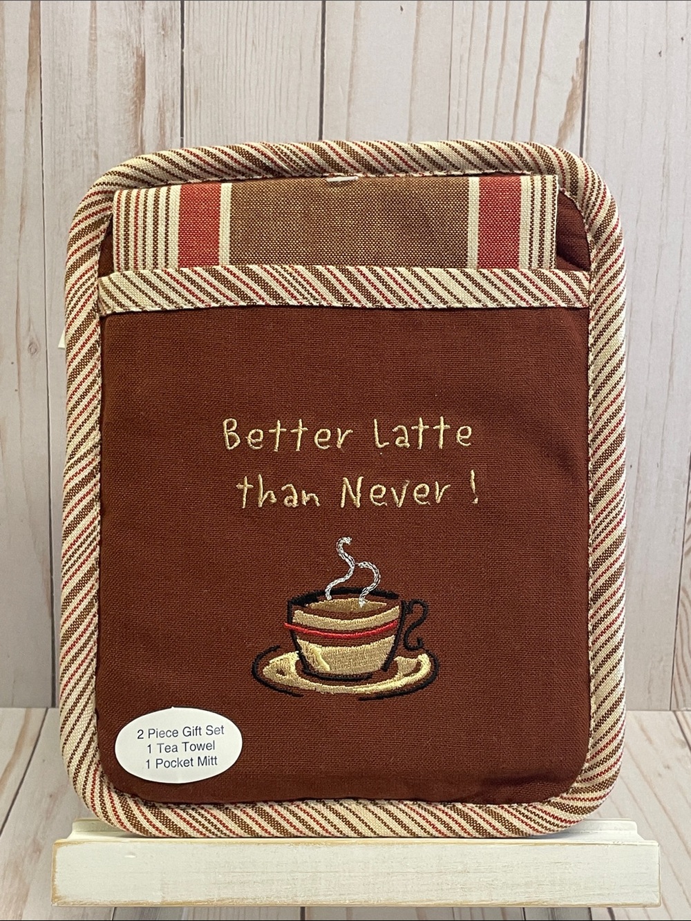 Kitchen Tea Towel Oven Mitt Potholder Gift Set Brown Coffee Latte Cup Mug NEW